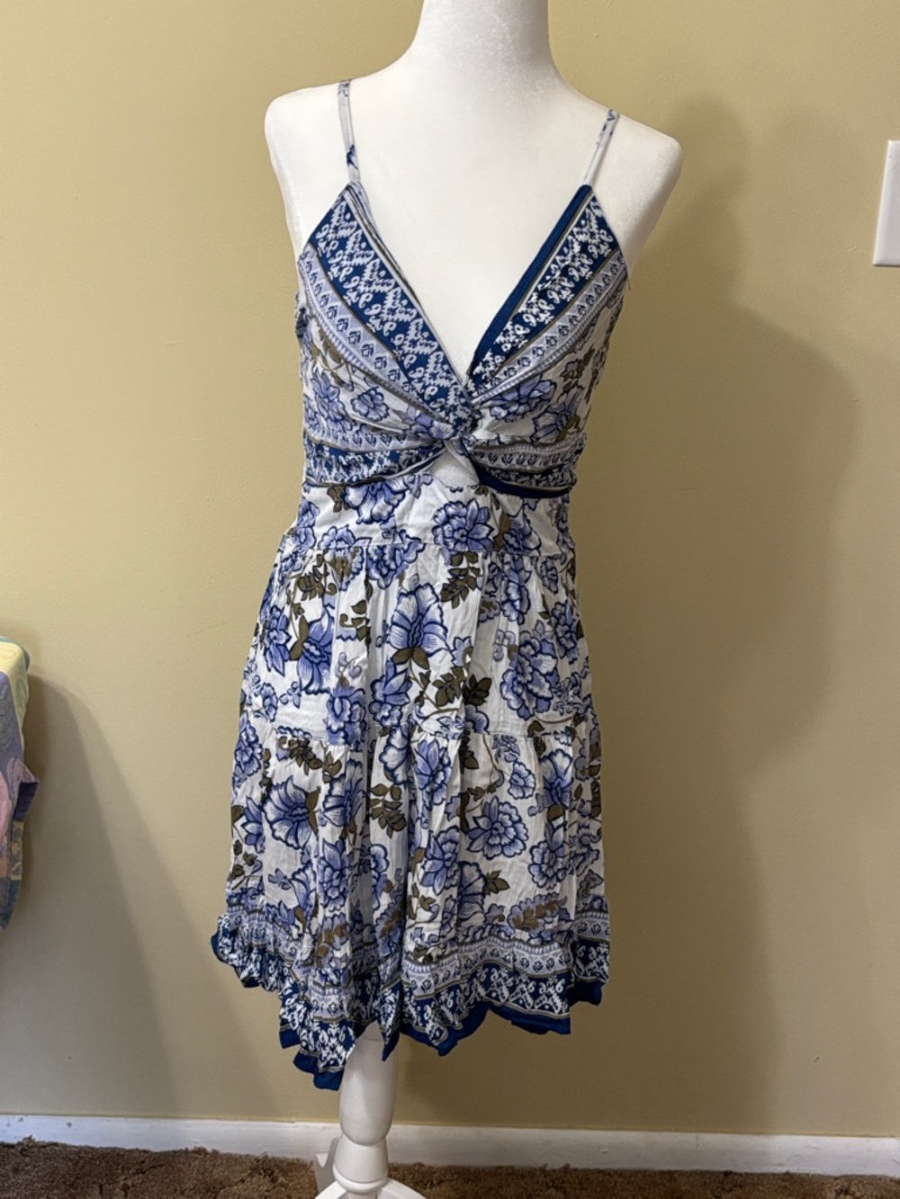 Angie Blue & White Floral Knot-Front Mini Dress